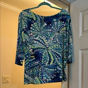 Vibrant Blue Green Patterned Boatneck Top